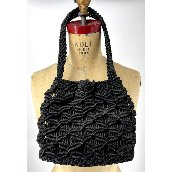 Vintage Black Macrame Boho Single Handle Handbag Purse Toggle Closure - Picture 1 of 8
